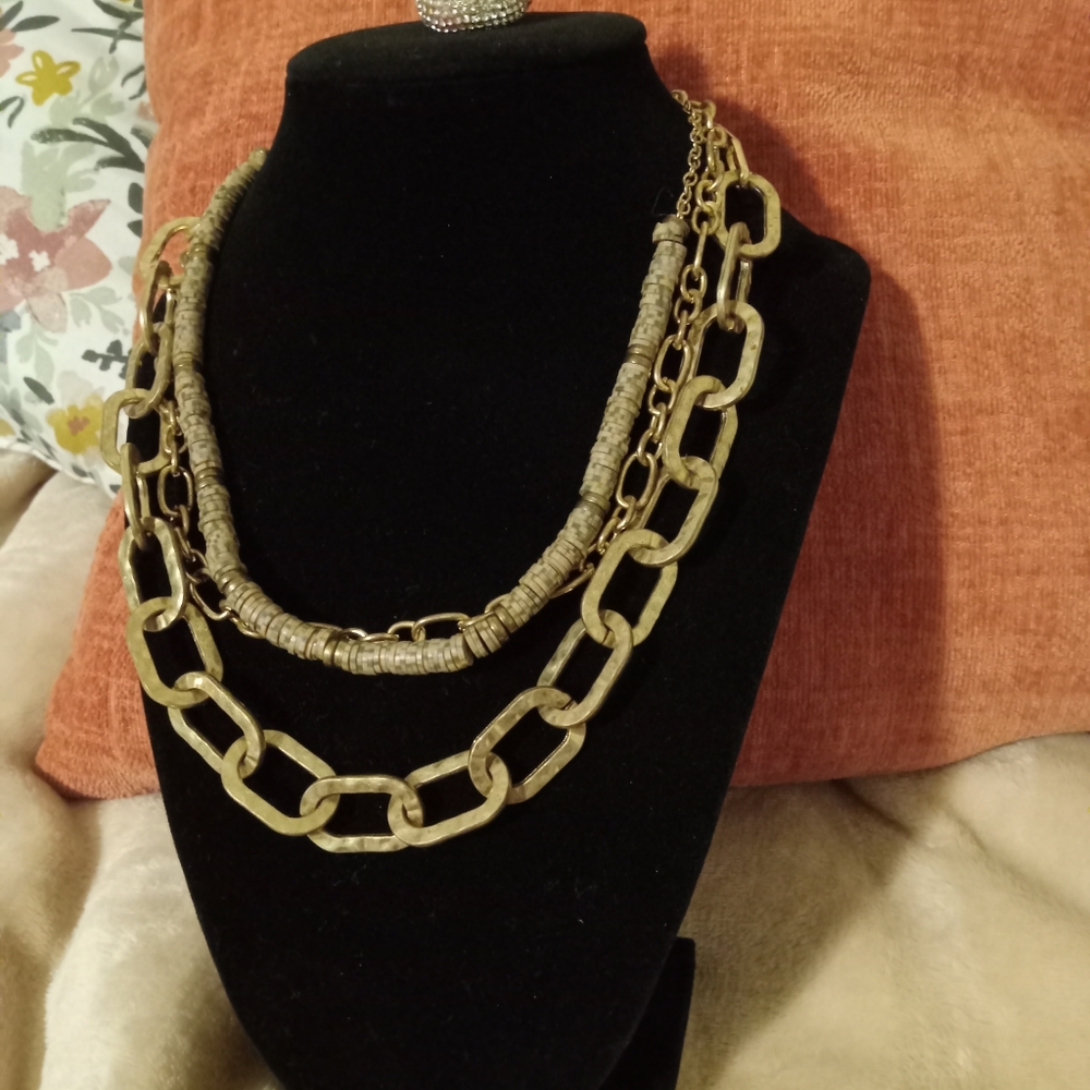 Gold chain and tan beaded necklace
